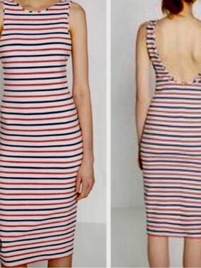Zara Trafaluc Collection S Red White Blue Striped Low Back Bodycon Midi Dress